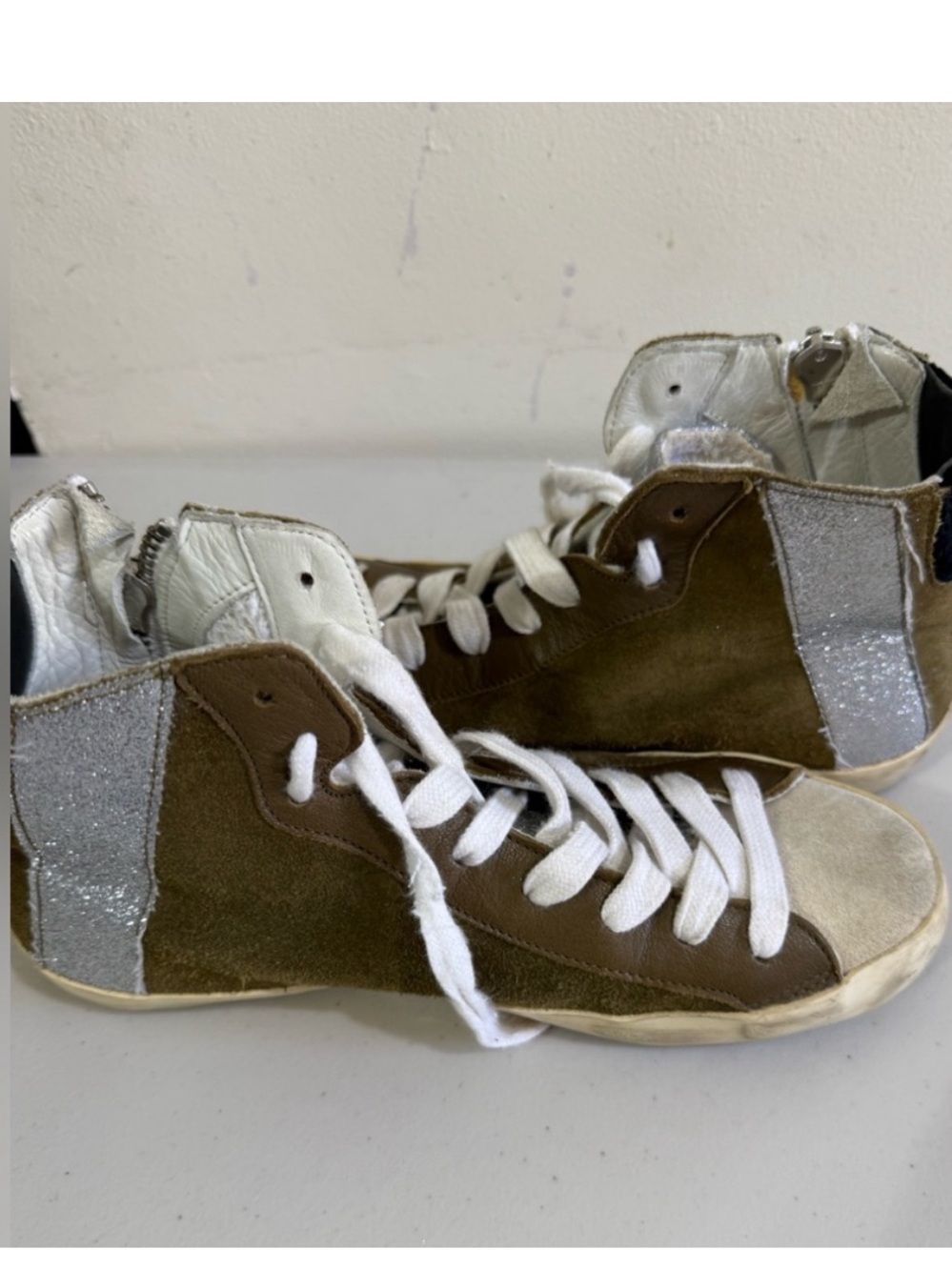 Philippe Model Men's High-Top Sneakers in Olive Green with Silver Glitter Heel